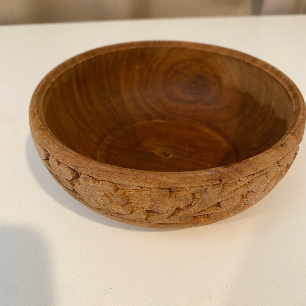 Antique Hand-Carved Wooden Floral Bowl 5 Rustic Decorative Dish - Picture 3 of 4